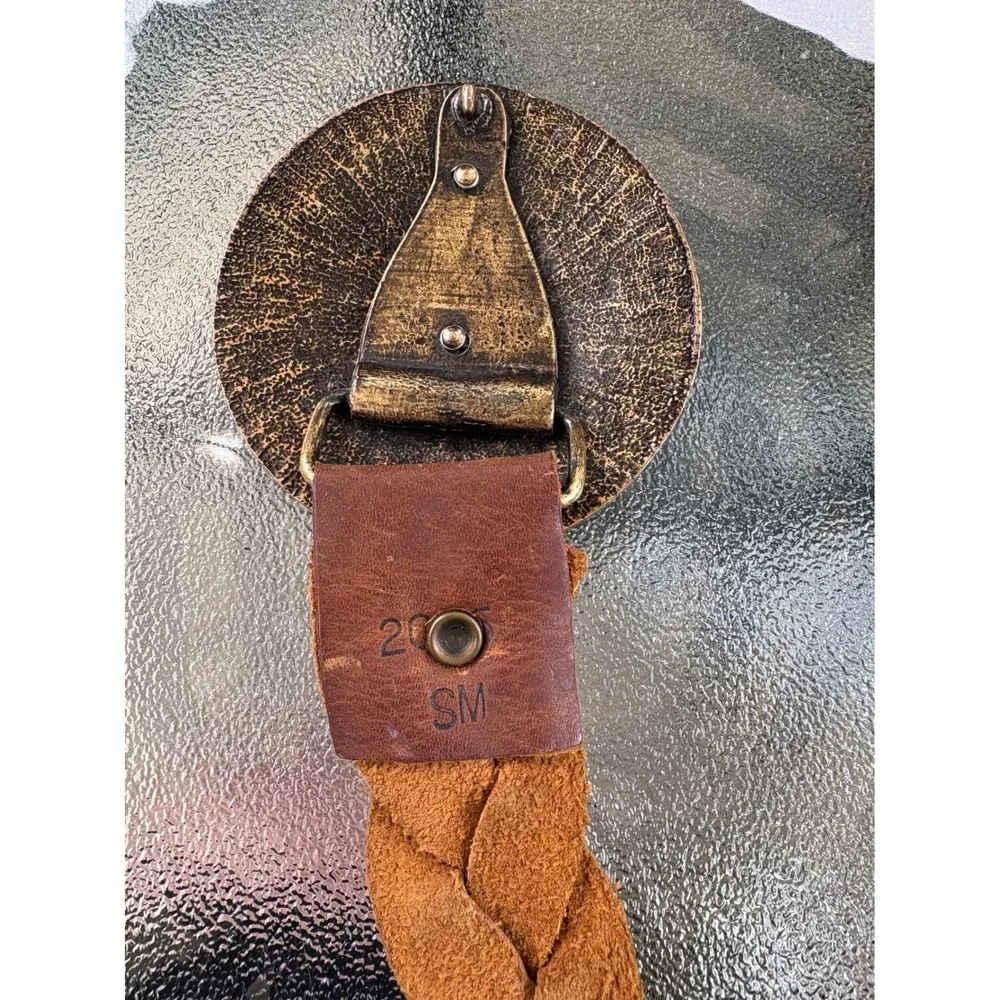 Braided Brown Leather Belt Oversized Hammered Gold‎ Buckle Boho Small